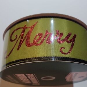 Green Ribbon with Red Glitter 'Merry Christmas' In Beautiful Script Lettering
